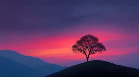 A stunning solitary tree stands gracefully against a vibrant sunset sky, showcasing soft pastel colors over rolling hills, evoking serenity and natural beauty.の素材