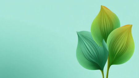 This abstract illustration features vibrant green leaves against a soft aqua background, evoking themes of nature, serenity, and growth, ideal for various design projects.の素材
