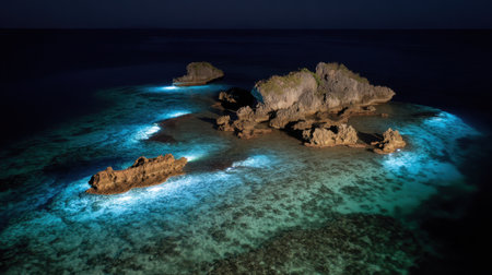 A breathtaking nighttime coastal seascape showcasing illuminated rocks amidst calm waters, creating a serene atmosphere under a starry sky, perfect for nature enthusiasts.の素材