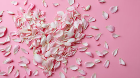This image features a heart-shaped arrangement of delicate pink flower petals scattered on a soft pink background, perfect for conveying romance and beauty in designs.の素材