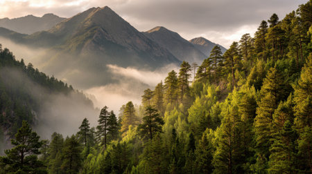 Stunning view of majestic mountains enveloped in morning fog, showcasing lush green trees and soft sunlight illuminating the serene landscape, perfect for nature lovers.の素材