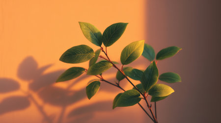 A serene composition featuring green leaves and soft shadows on a warm orange wall, ideal for inspiring tranquility and a natural home decor vibe.の素材