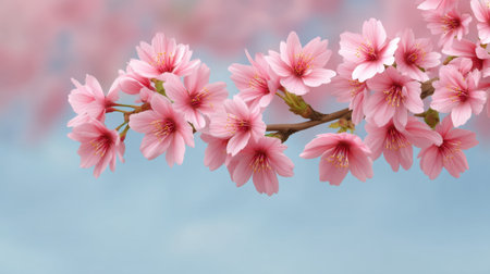 A stunning branch of pink cherry blossoms showcases delicate flowers against a soft blue background, evoking a serene spring atmosphere perfect for nature lovers.の素材