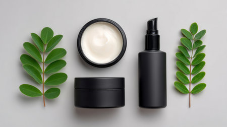 Discover a chic display of skincare products in modern packaging alongside lush green leaves, perfect for promoting wellness, self-care, and beauty routines.の素材
