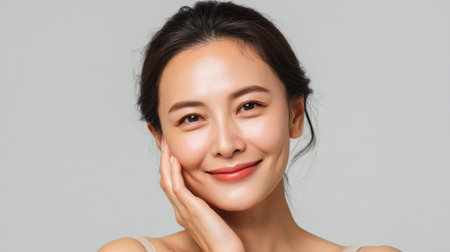 A cheerful woman with natural makeup touches her face, radiating warmth and confidence. Perfect for beauty, wellness, and lifestyle themes in various media.の素材