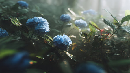 A serene scene featuring blue hydrangea flowers bathed in soft, gentle light, surrounded by lush greenery and mist, creating a tranquil and enchanting atmosphere.の素材