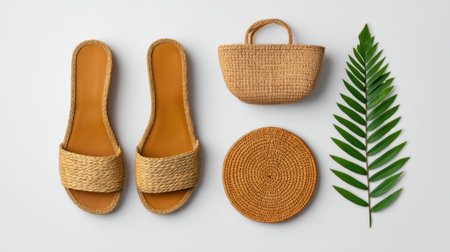 Discover a stylish flat lay featuring woven sandals, a handbag, a round mat, and a palm leaf that embodies summer vibes, minimalism, and fashionable accessories.の素材