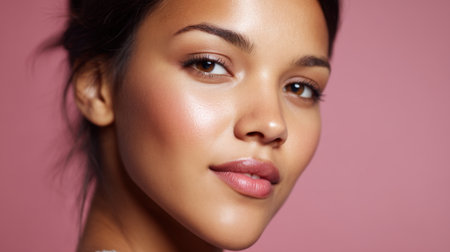 A stunning close-up of a young woman highlighting her radiant skin and charming features against a soft pink backdrop, perfect for beauty or fashion themes.の素材