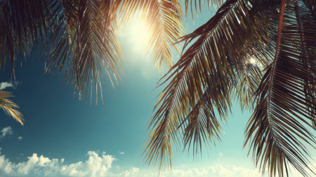 This stunning image features vibrant palm fronds framing a bright blue sky filled with fluffy clouds and warm sunlight, perfect for a summer getaway or relaxation.の素材