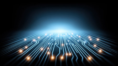 Explore an abstract representation of a digital circuit board featuring luminous lines and points. Perfect for showcasing innovation, technology, and modern design themes.の素材