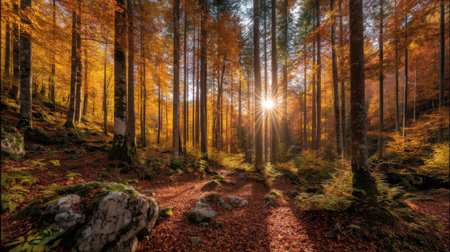 Experience the enchanting beauty of a golden autumn forest with sunlight streaming through vibrant trees, casting gentle shadows over a peaceful landscape.の素材