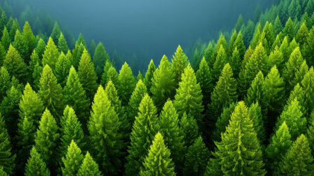 Experience the beauty of a lush evergreen forest filled with vibrant shades of green tree tops, creating a tranquil and serene atmosphere perfect for outdoor enthusiasts.の素材