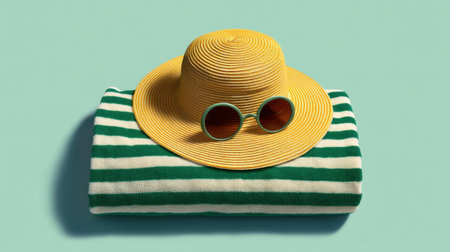 A bright yellow summer hat sits atop a soft striped towel with sunglasses, creating a cheerful and relaxing scene perfect for vacation or leisure themes.の素材