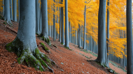 A serene forest scene featuring tall trees adorned with vibrant yellow leaves in autumn, showcasing the peaceful and calming beauty of nature that inspires exploration.の素材