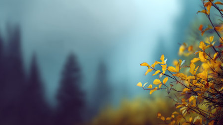 A serene misty forest scene showcasing vibrant yellow leaves contrasting with a soft-focus background. This image captures the tranquil essence of autumn nature.の素材