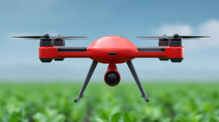 A striking red drone hovers above lush green crops under a clear blue sky, representing cutting-edge technology and innovation in modern agriculture practices.の素材