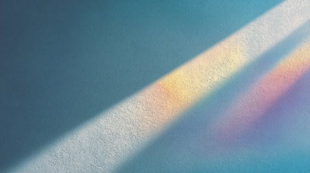 A serene image showcasing soft pastel rainbow light casting gentle shadows on a textured light blue wall, creating a tranquil and inviting atmosphere for modern spaces.の素材