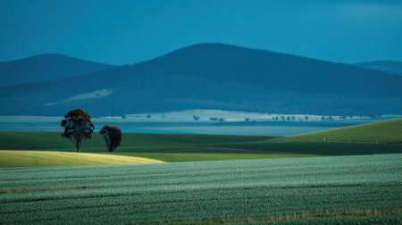 This stunning countryside image showcases lush green fields and rolling hills under a dramatic blue sky. The serene landscape invites nature lovers and outdoor enthusiasts alike.の素材