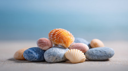 A picturesque arrangement of colorful shells and smooth stones on a sandy beach, enhanced by a soft, blurred ocean backdrop, ideal for coastal themes.の素材