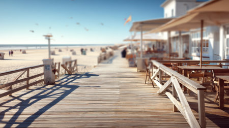 A serene wooden boardwalk stretches towards a picturesque sandy beach, adorned with chairs and umbrellas under a bright blue sky, inviting relaxation and leisure.の素材