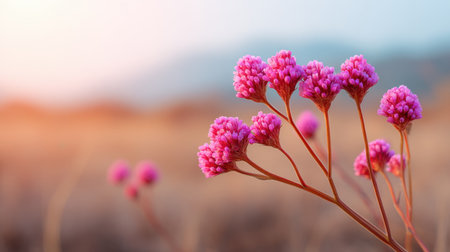 Stunning close-up of pink flowers set against a soft natural background, capturing the essence of tranquility and the vibrant colors of nature at sunset.の素材