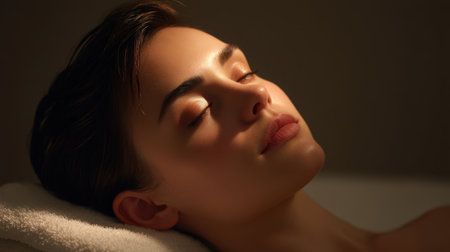 A tranquil moment captured as a young woman with closed eyes enjoys a soothing facial treatment at a spa, surrounded by soft natural light, embodying peace and rejuvenation.の素材