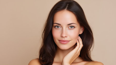 A beautiful woman presents a serene expression with natural makeup and glowing skin. The soft background enhances her features, radiating confidence and tranquility.の素材