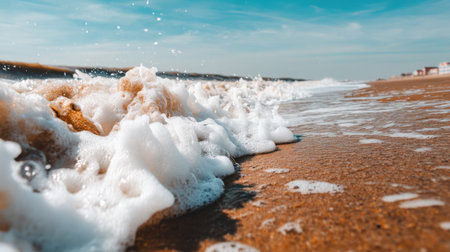 A picturesque view of gentle waves washing onto a sandy shore, highlighted by a clear sky and warm sunlight, perfect for evoking feelings of relaxation and tranquility.の素材