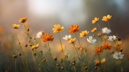 A captivating scene showcasing vibrant flowers in various shades of yellow and white, swaying gently in a sunlit field, capturing the essence of tranquility and natural beauty.の素材