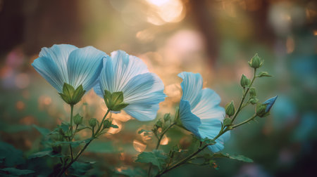 A stunning depiction of blue flowers surrounded by gentle sunlight and lush greenery. This image captures tranquility and natural beauty in a serene outdoor setting.の素材