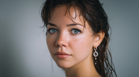 Captivating portrait featuring a young woman with wet hair and striking blue eyes. The delicate earrings accentuate her natural beauty against a soft gray backdrop.の素材