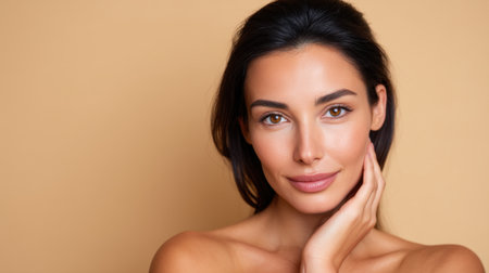 A beautiful young woman with radiant skin and subtle makeup poses confidently against a warm beige backdrop, highlighting elegance and natural charm.の素材