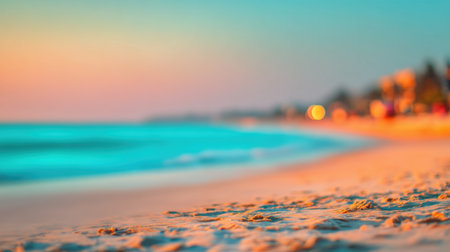 A beautiful beach scene at sunset featuring gentle waves lapping against soft sand, creating a tranquil and inviting atmosphere perfect for relaxation and escape.の素材
