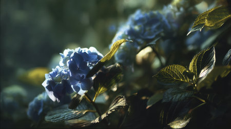 Experience the serene beauty of blue hydrangea flowers in a natural setting, with lush leaves and soft light creating an enchanting atmosphere perfect for nature lovers.の素材