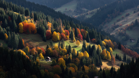 Discover a stunning autumn landscape with vibrant foliage in hues of red, yellow, and orange, set against serene hills and a mountainous backdrop, capturing nature's beauty.の素材