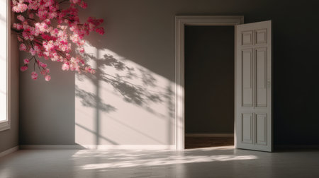 A tranquil interior scene featuring a cherry blossom tree casting soft shadows on a wall. An open door invites natural light into the peaceful empty room, creating a calming ambiance.の素材
