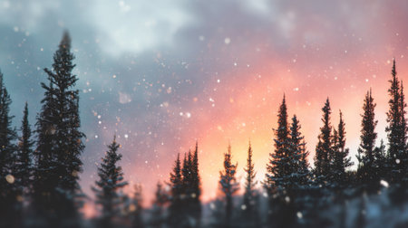 A stunning winter scene featuring tall pine trees silhouetted against a colorful sunset sky, with gentle snowflakes falling, creating a serene and peaceful ambiance.の素材