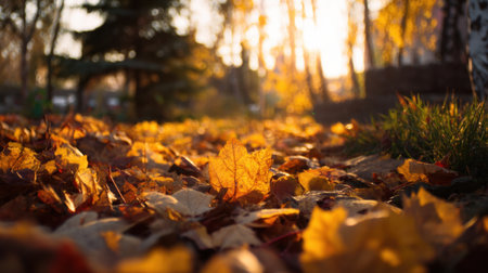 Captivating view of golden autumn leaves scattered on the ground, bathed in warm sunlight, with trees creating a serene backdrop, representing the beauty of fall.の素材