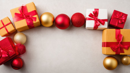 Colorful gift boxes with ribbons and ornaments create a vibrant, festive atmosphere perfect for holiday celebrations. Ideal for seasonal decoration themes.の素材