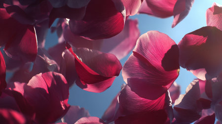 A stunning view of vibrant rose petals captured mid-air, glowing under soft natural light, creating a romantic and dreamy atmosphere for any floral-themed project.の素材
