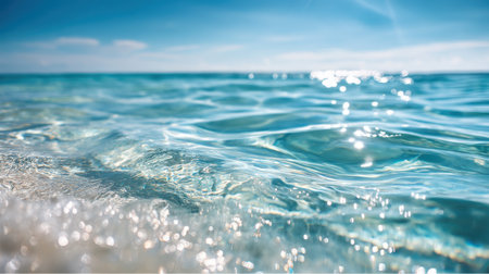 A breathtaking view of gentle ocean waves rolling onto a sandy shore, capturing the essence of tranquility and beauty in nature against a bright blue backdrop.の素材