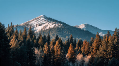 Breathtaking view of majestic snow-capped mountains towering above lush green pine trees under a clear blue sky, capturing the essence of natural beauty and tranquility.の素材