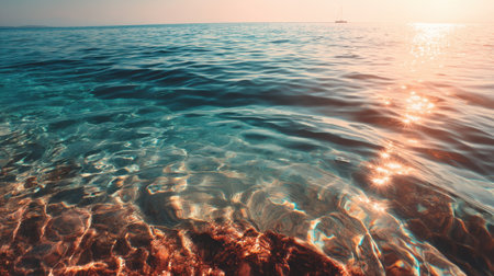 A serene coastal view featuring clear blue water, gentle waves, and a beautiful sunset glow, perfect for evoking relaxation and tranquility in any project.の素材