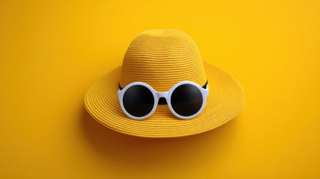 This image features a bright yellow sun hat paired with stylish white sunglasses, set against a vibrant yellow background, embodying the essence of summer fashion.の素材
