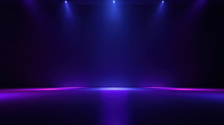 This captivating stage background features a blend of purple and blue lights on a dark surface, ideal for events, performances, and artistic showcases.の素材
