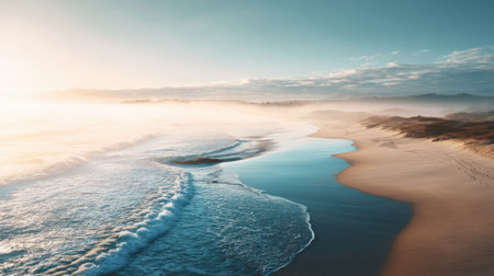 A serene coastal landscape showcases gentle waves on a sandy beach, enveloped in morning fog at sunrise, creating an enchanting atmosphere of tranquility and beauty.の素材