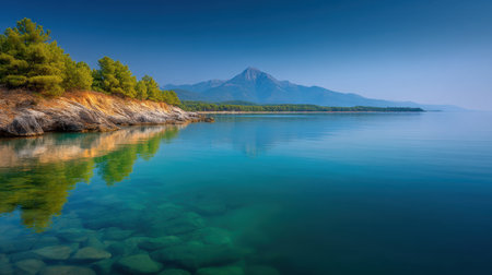 A breathtaking coastal scene showcasing clear waters reflecting the blue sky and distant mountains, perfect for travel enthusiasts and nature lovers alike.の素材