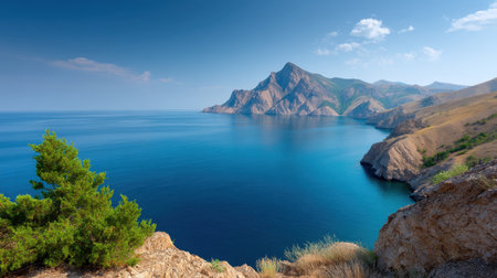A stunning coastal view features vibrant blue waters meeting majestic mountains under a clear sky, perfect for themes of nature, adventure, and relaxation.の素材
