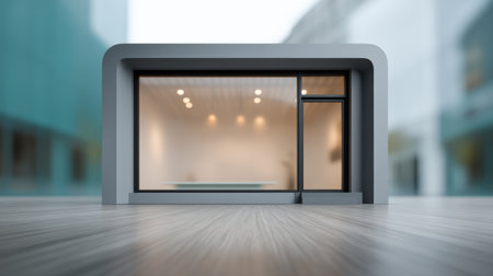 This image showcases a modern storefront with a minimalistic design, featuring expansive glass windows and a sleek entrance in an inviting urban environment.の素材