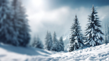 A breathtaking winter landscape featuring snow-covered pine trees under a sunlit sky. This serene scene captures the essence of cold, tranquil beauty in nature.の素材